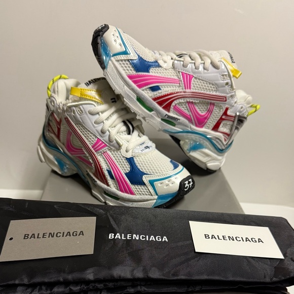 Balenciaga Runners Sneakers White Pink Blue EU 37 Platform Trainer Track Size 7 - Picture 1 of 11